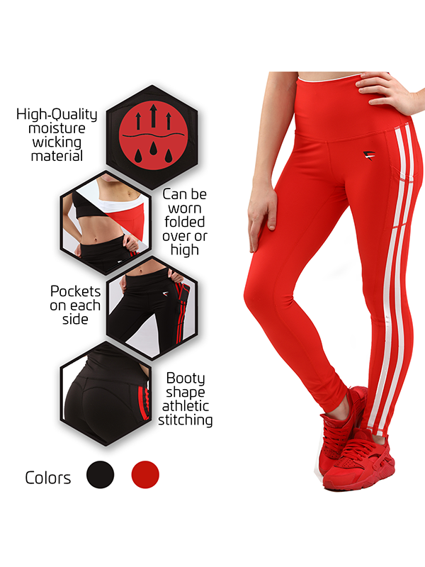 High Waist Leggings with Pockets & Athletic Tummy Control (RED) - Online  Fitness Shop